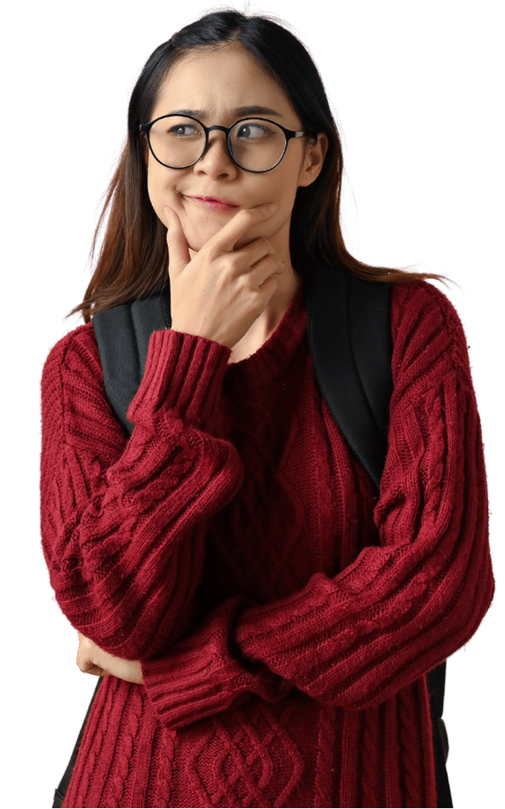 Woman thinking in red sweater pointing
